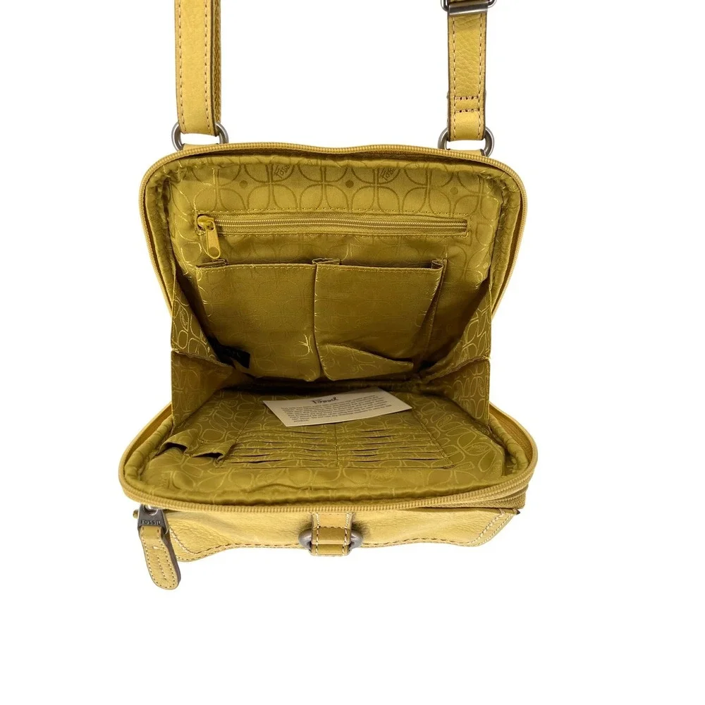 Fossil Leather Crossbody Bag Womens Yellow Adjustable Strap Travel Purse Y2K